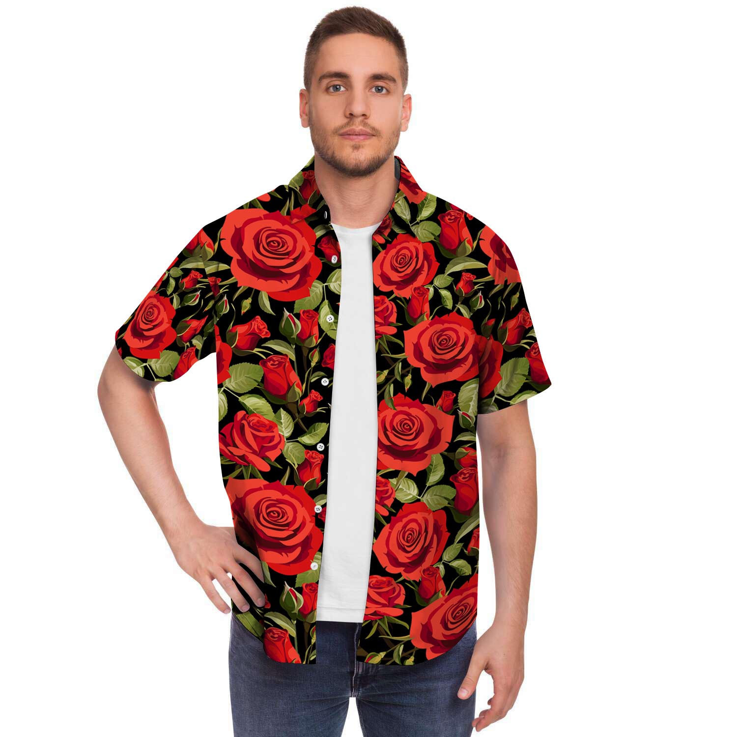 Red Rose Floral Men's Short Sleeve Shirt-grizzshop