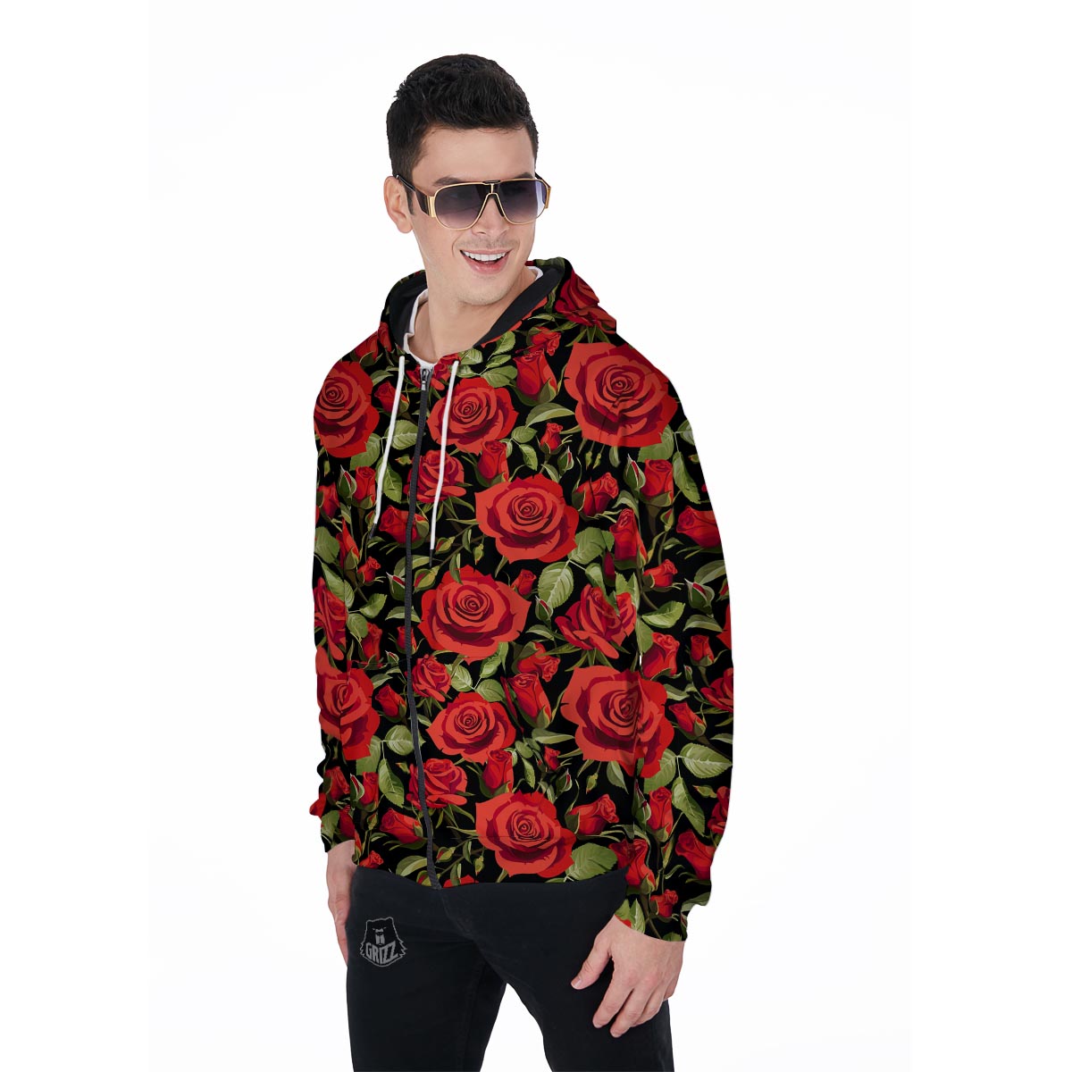 Red Rose Floral Men's Zip Up Hoodie-grizzshop