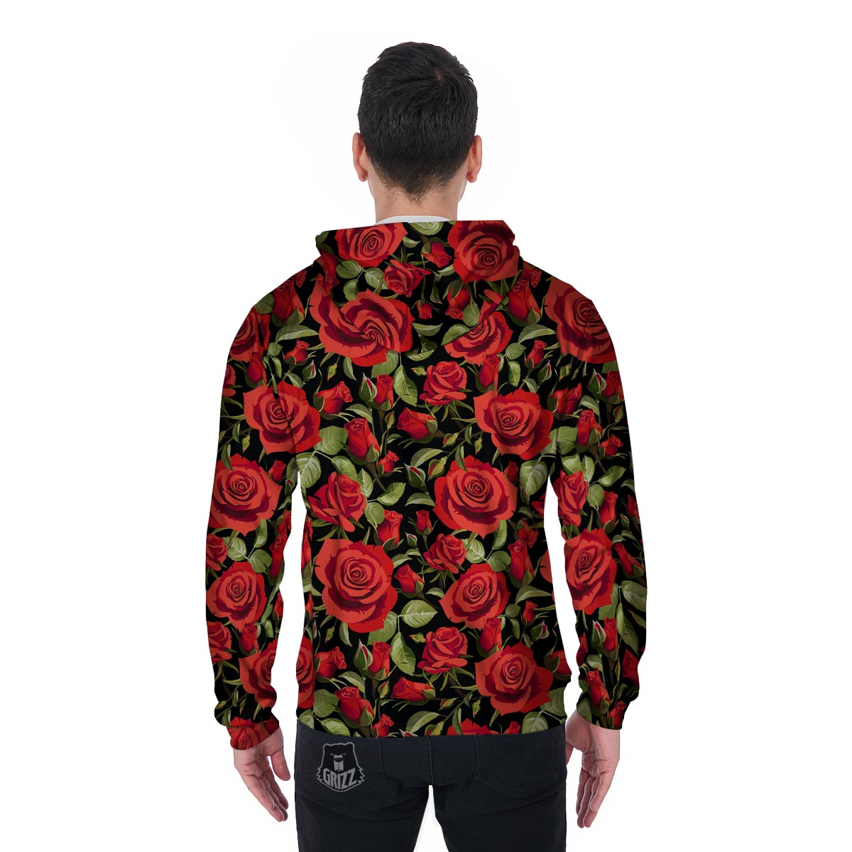 Red Rose Floral Men's Zip Up Hoodie-grizzshop
