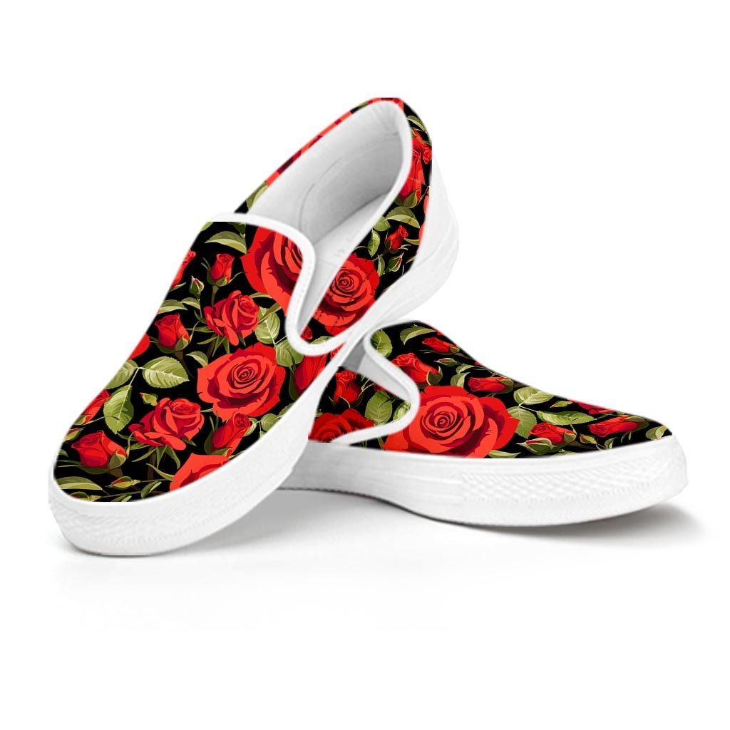 Red Rose Floral Women's Slip On Sneakers-grizzshop