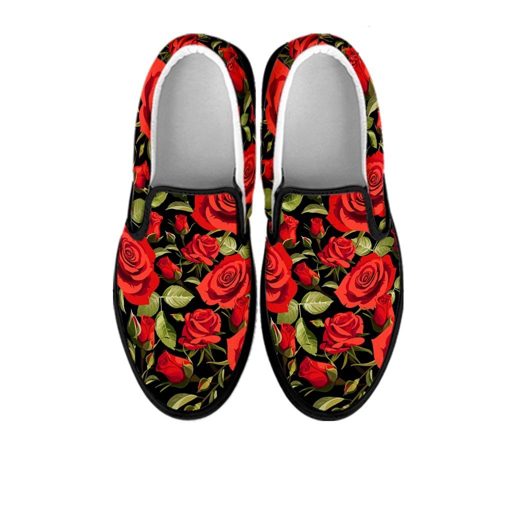 Red Rose Floral Women's Slip On Sneakers-grizzshop