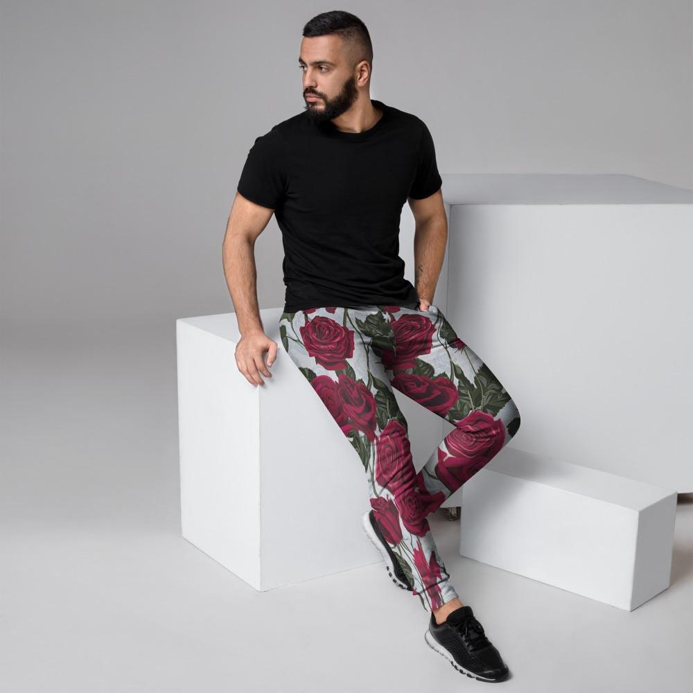 Red Rose Flower Print Men's Joggers-grizzshop