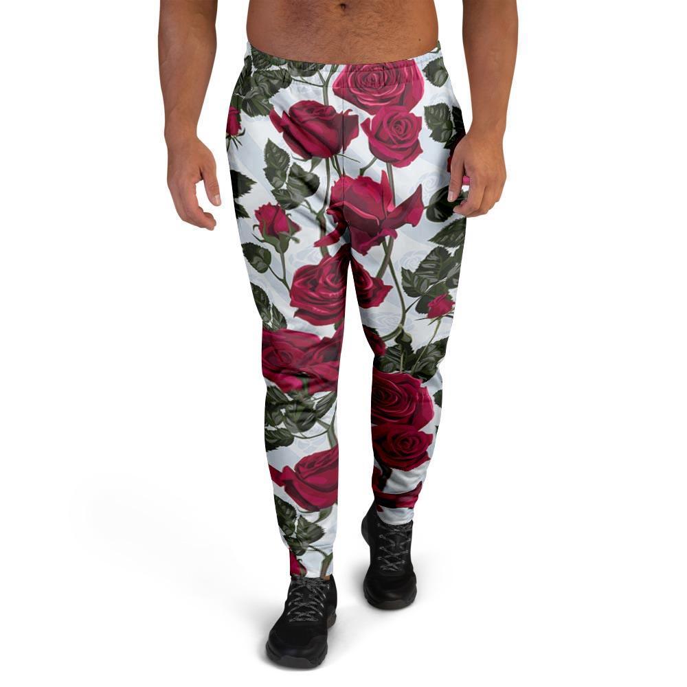 Red Rose Flower Print Men's Joggers-grizzshop