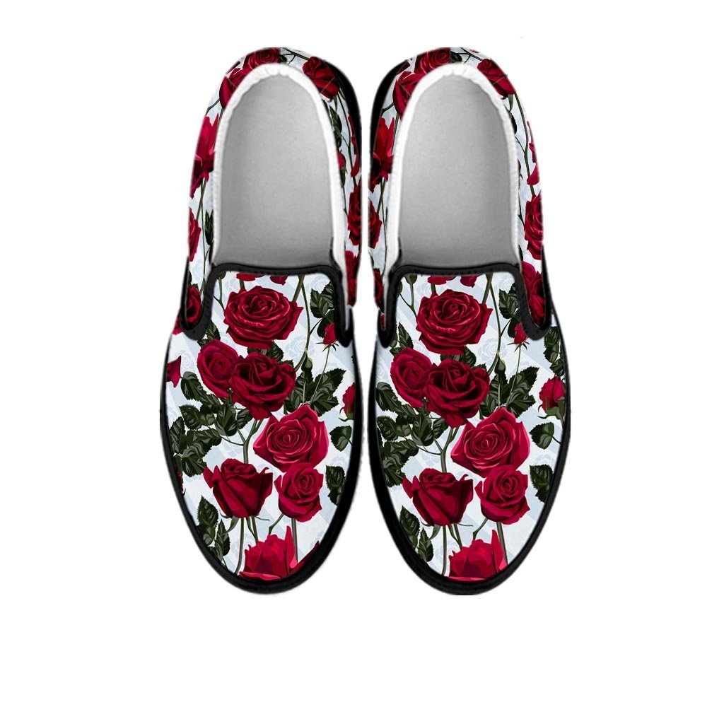 Red Rose Flower Print Men's Slip On Sneakers-grizzshop