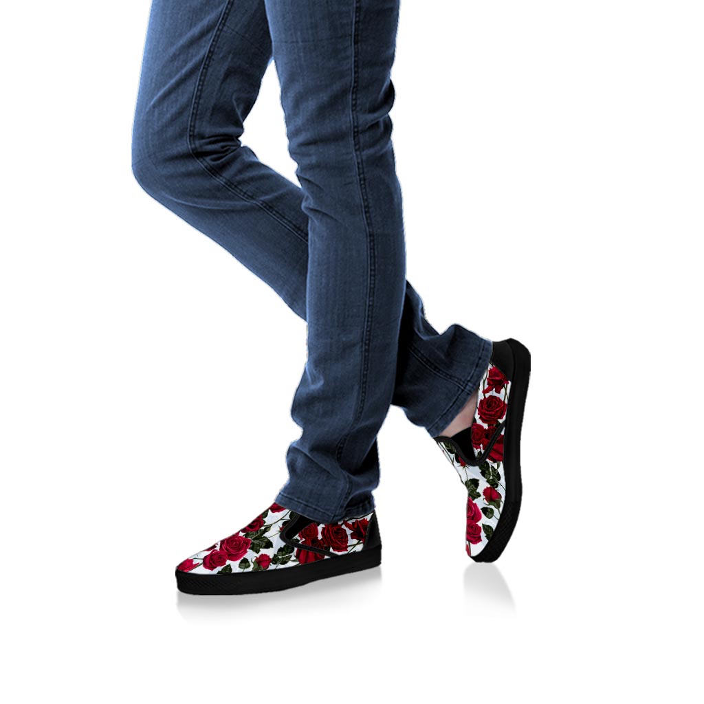 Red Rose Flower Print Men's Slip On Sneakers-grizzshop