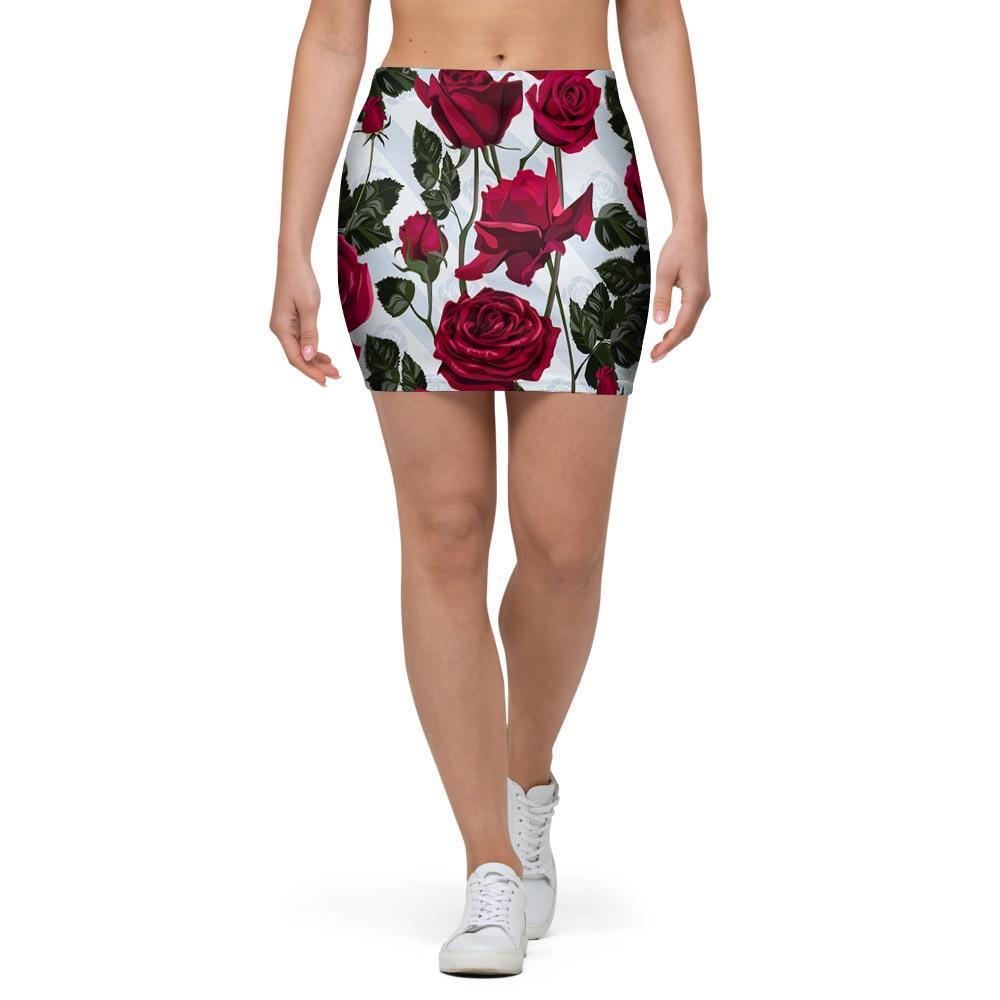 Red Rose Flower Print Mini Skirt-grizzshop