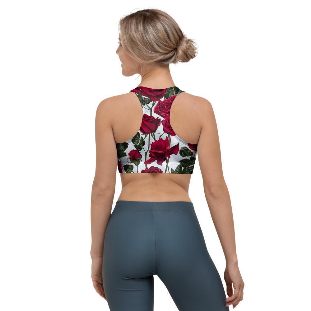 Red Rose Flower Print Sports Bra-grizzshop