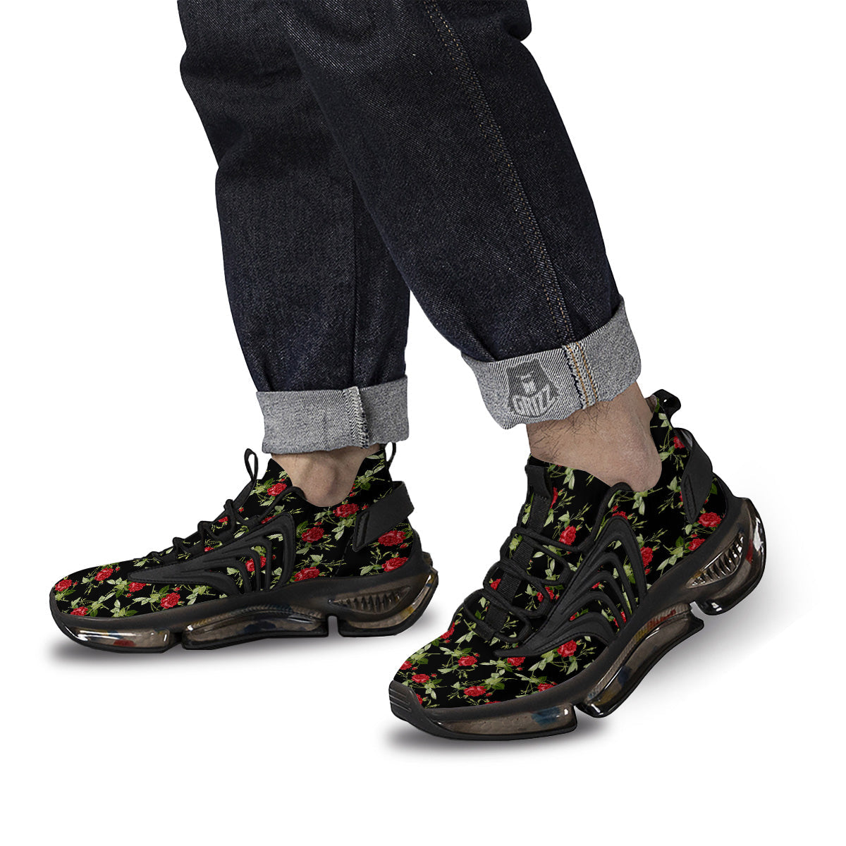 Red Rose Flowers Print Pattern Black Gym Shoes-grizzshop