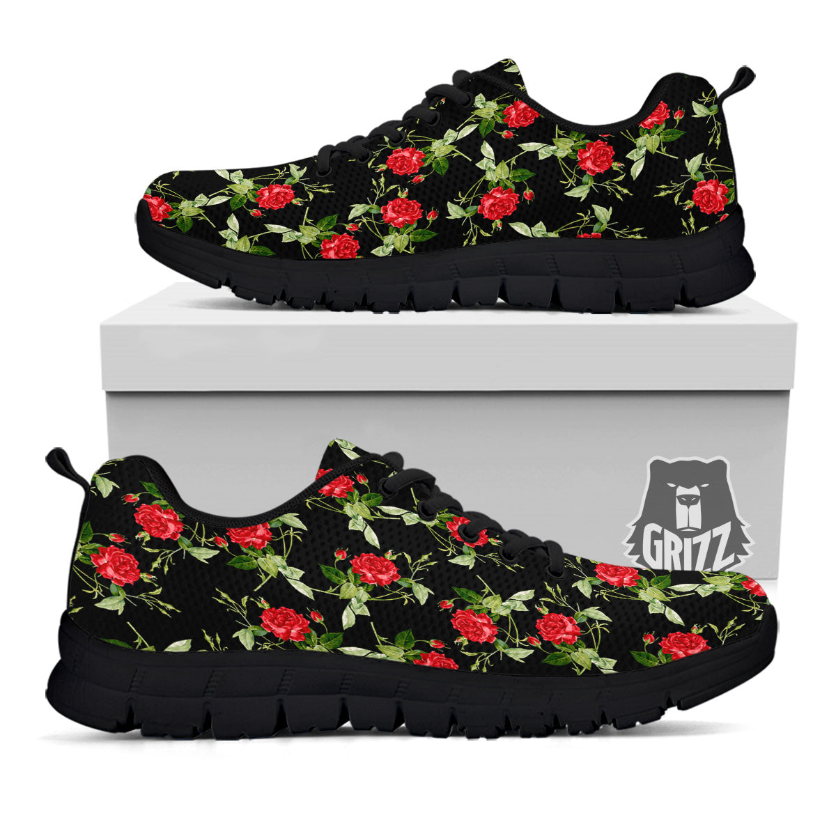 Red Rose Flowers Print Pattern Black Sneaker-grizzshop