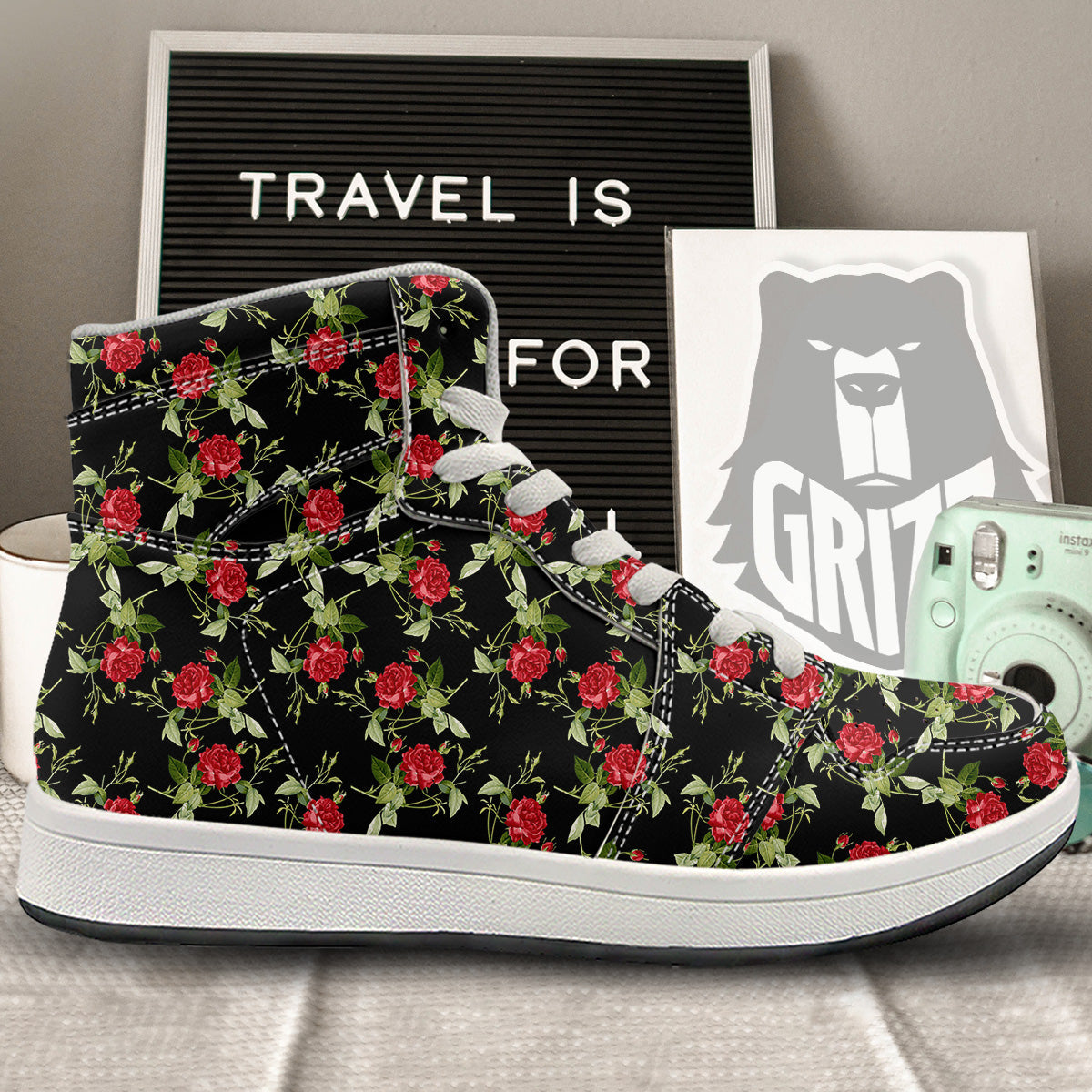 Red Rose Flowers Print Pattern High Top Sneakers-grizzshop