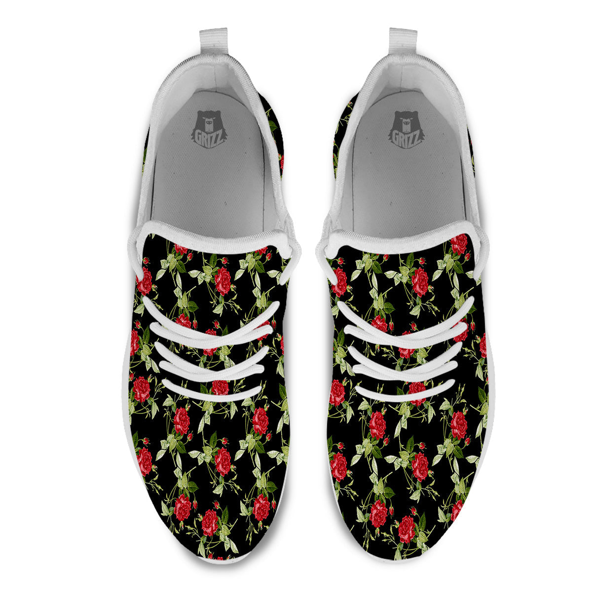 Red Rose Flowers Print Pattern White Athletic Shoes-grizzshop