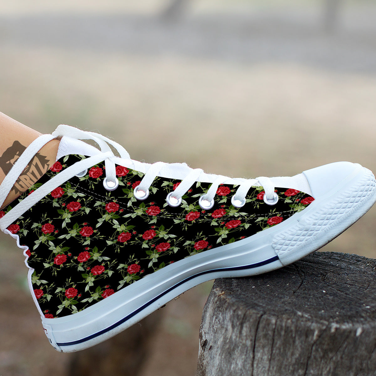 Red Rose Flowers Print Pattern White High Top Shoes-grizzshop