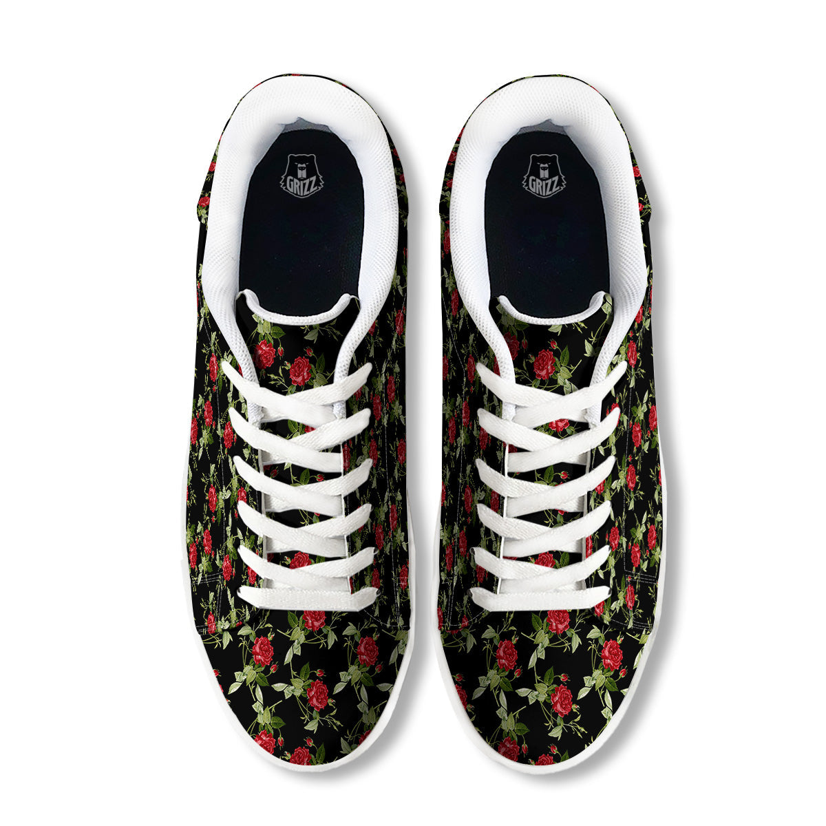 Red Rose Flowers Print Pattern White Low Top Sneakers-grizzshop