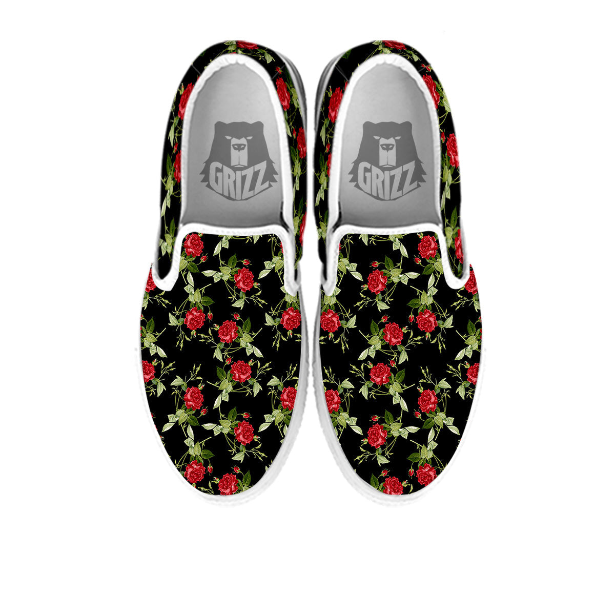 Red Rose Flowers Print Pattern White Slip On Shoes-grizzshop