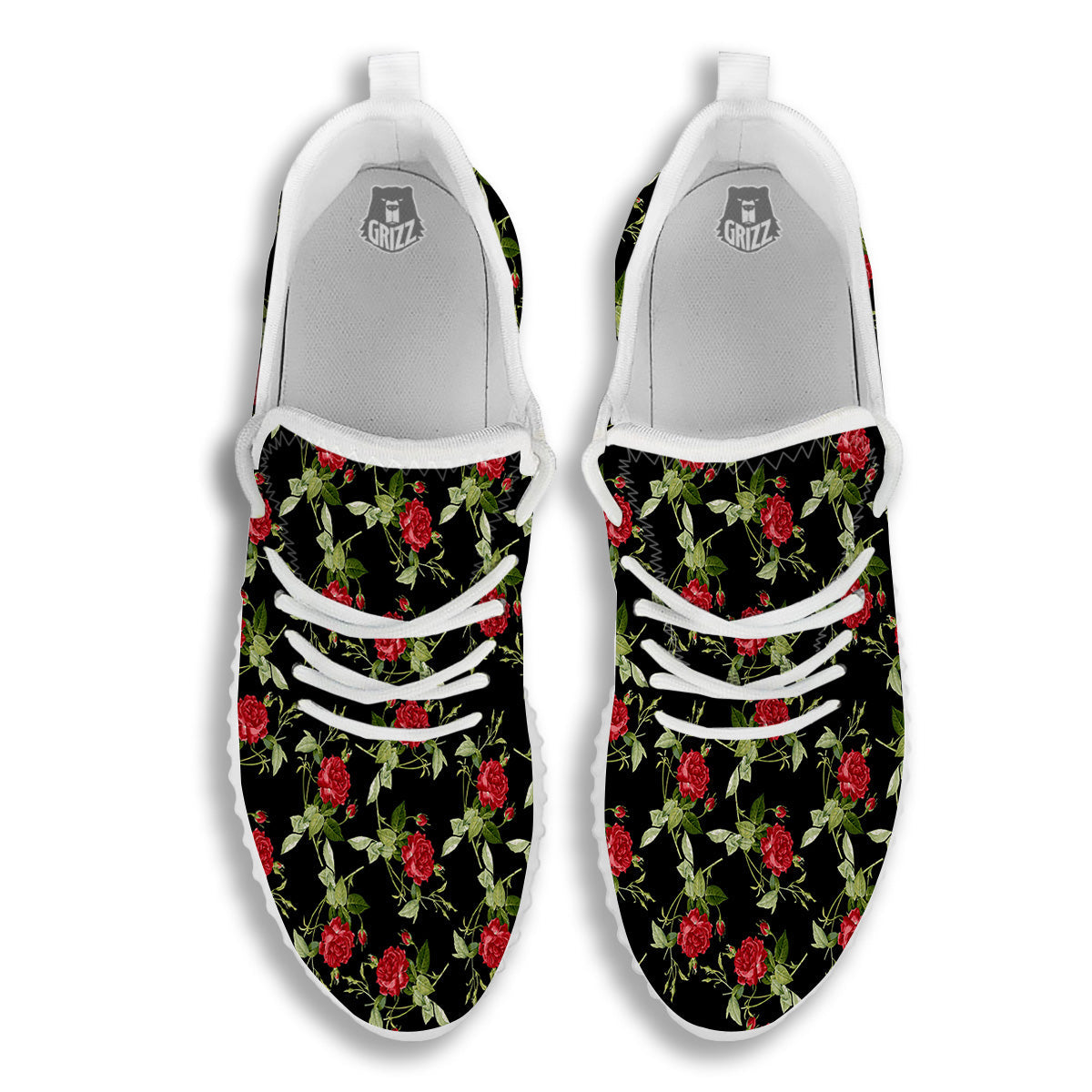 Red Rose Flowers Print Pattern White Walking Shoes-grizzshop