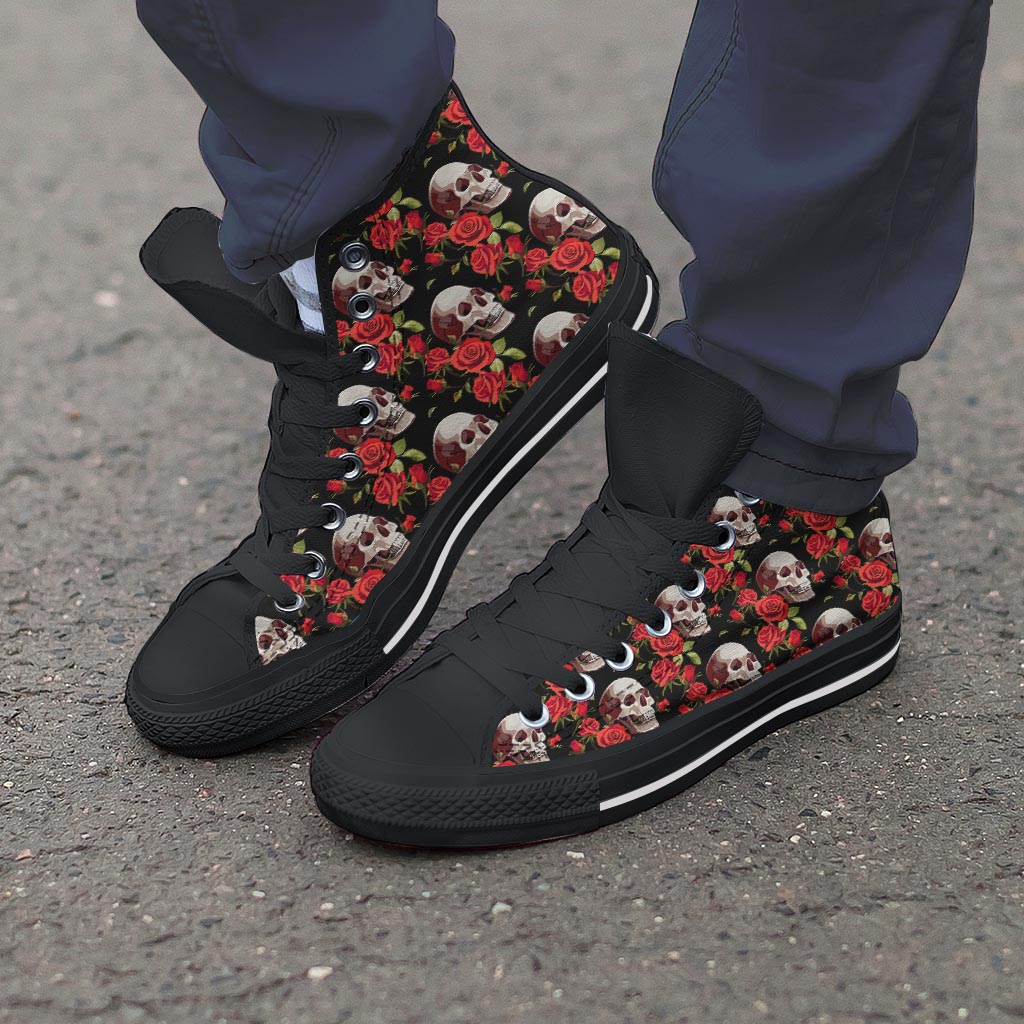 Red Rose Skull Men's High Top Shoes-grizzshop