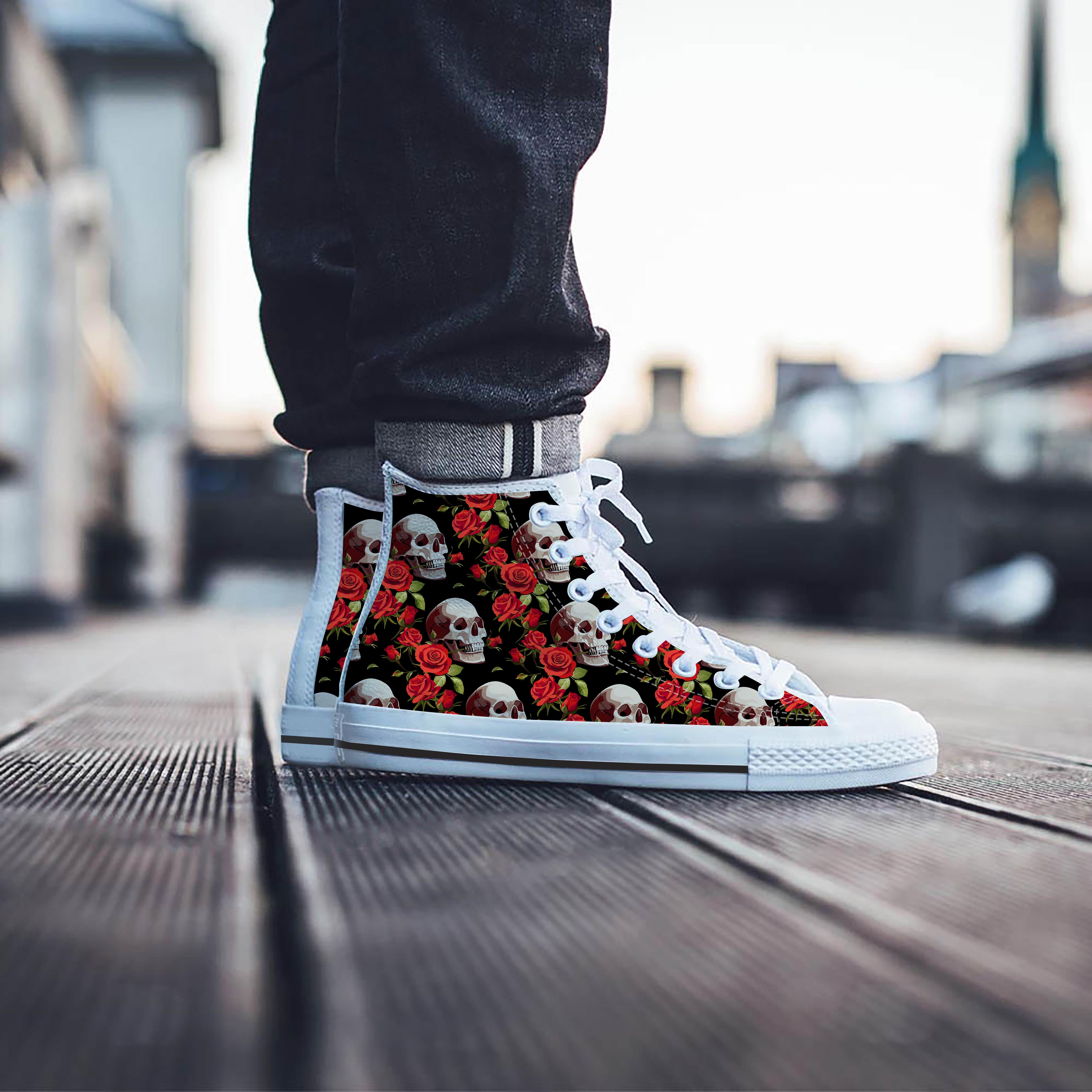 Red Rose Skull Men's High Top Shoes-grizzshop