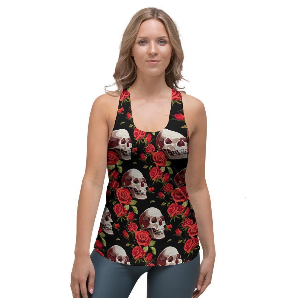 Red Rose Skull Women's Racerback Tank Top-grizzshop