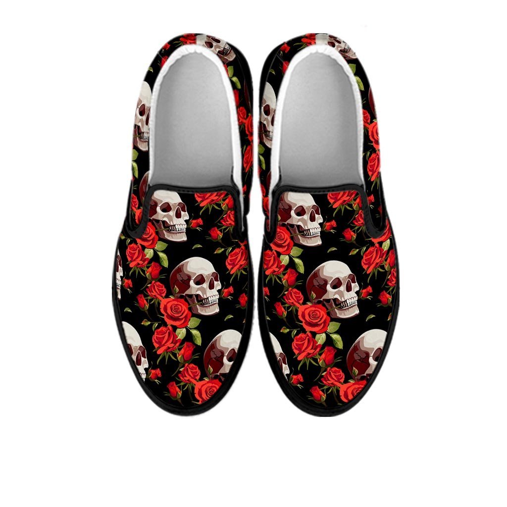 Red Rose Skull Women's Slip On Sneakers-grizzshop