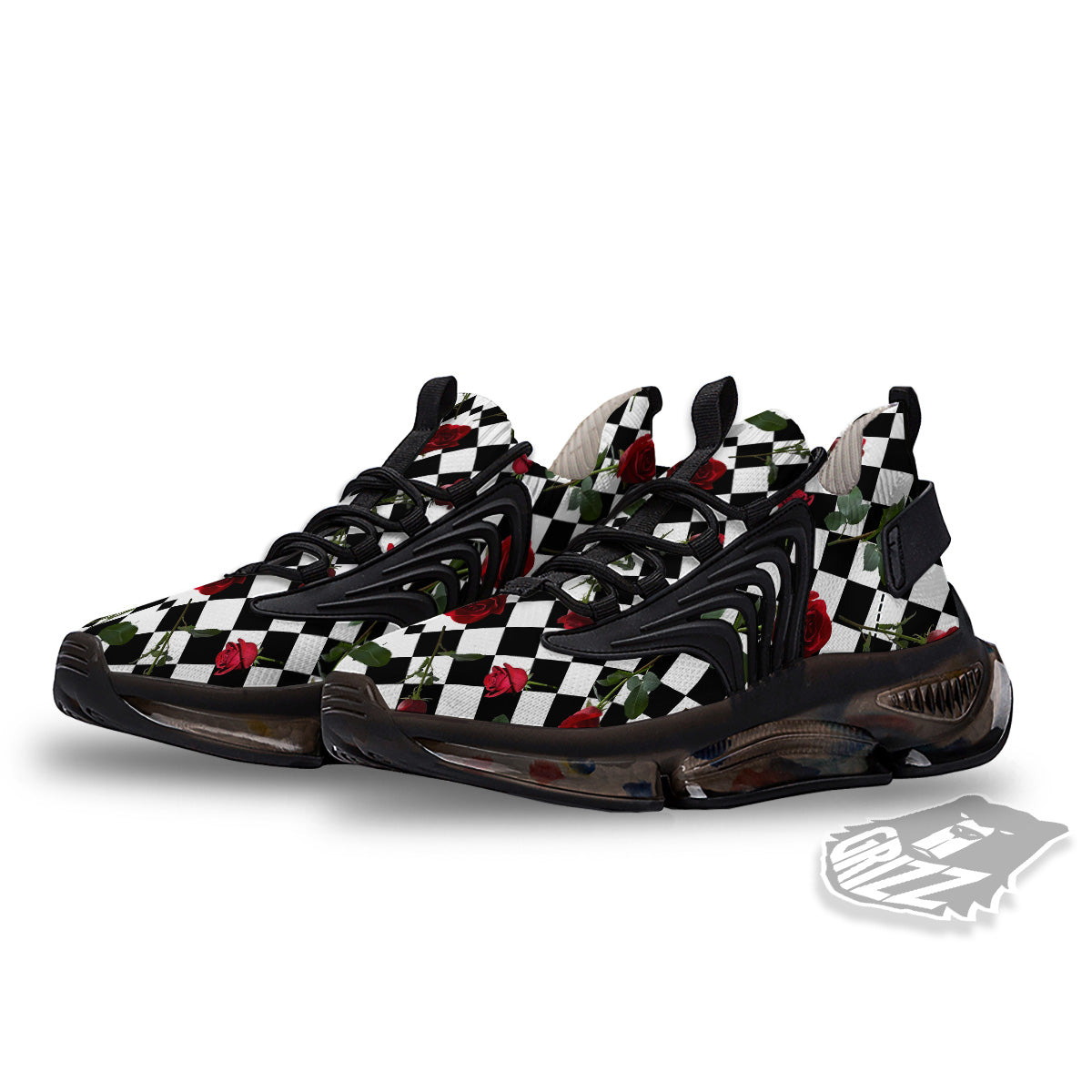 Red Roses And Argyle Print Pattern Black Gym Shoes-grizzshop