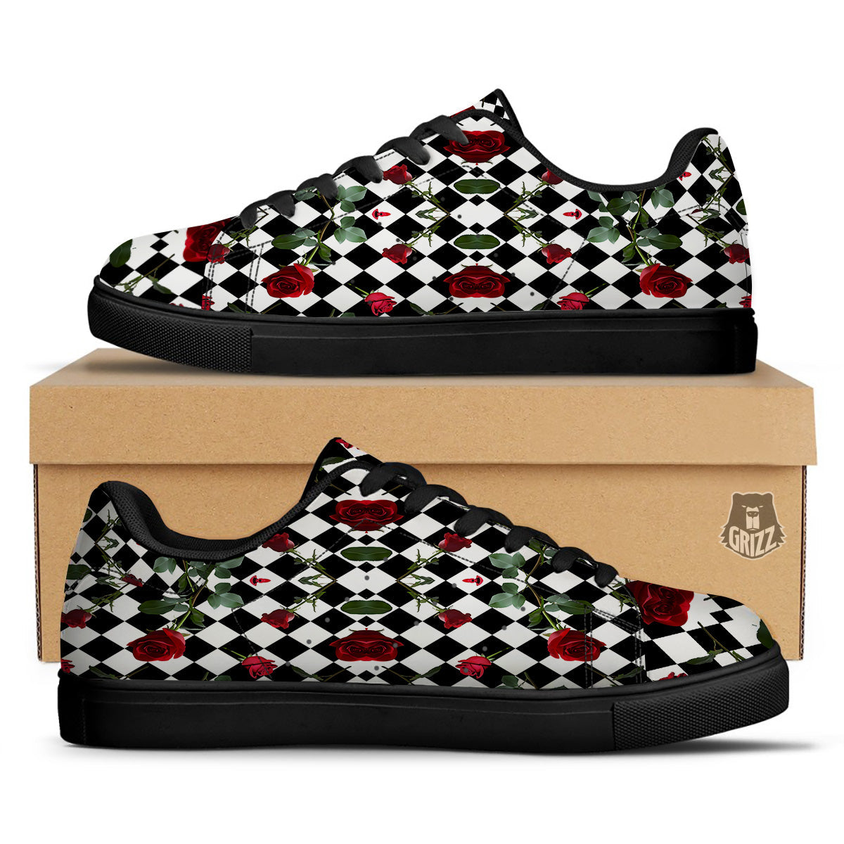 Red Roses And Argyle Print Pattern Black Low Top Sneakers-grizzshop