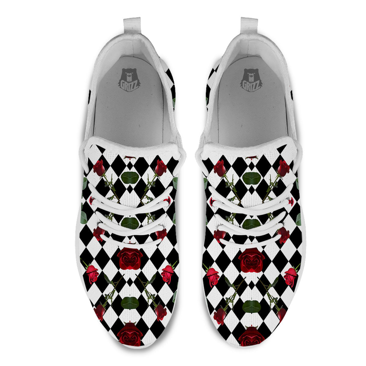 Red Roses And Argyle Print Pattern White Athletic Shoes-grizzshop