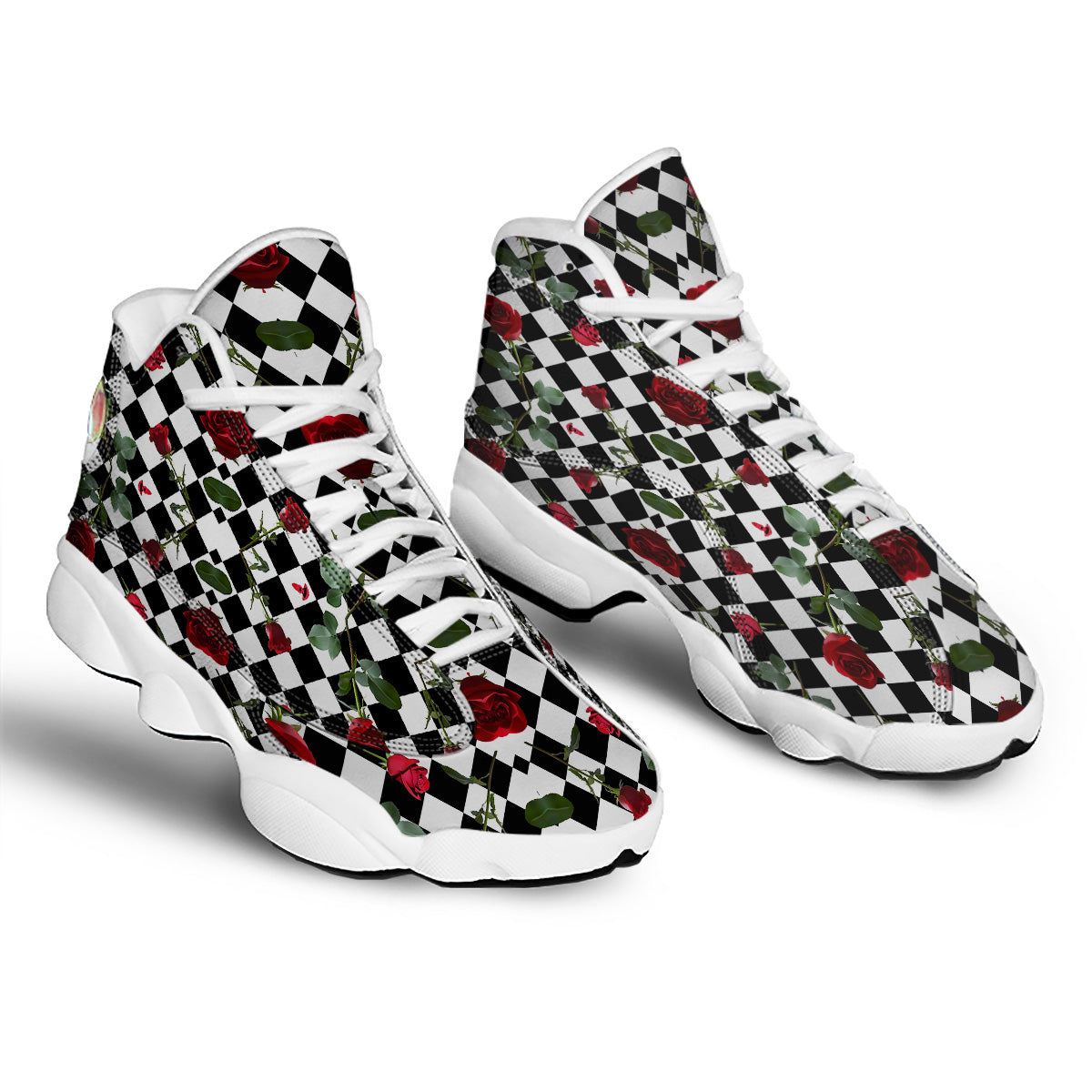 Red Roses And Argyle Print Pattern White Basketball Shoes-grizzshop