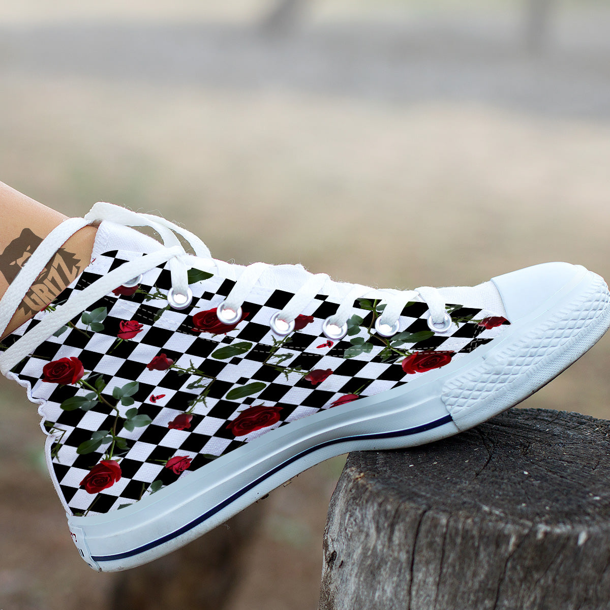 Red Roses And Argyle Print Pattern White High Top Shoes-grizzshop