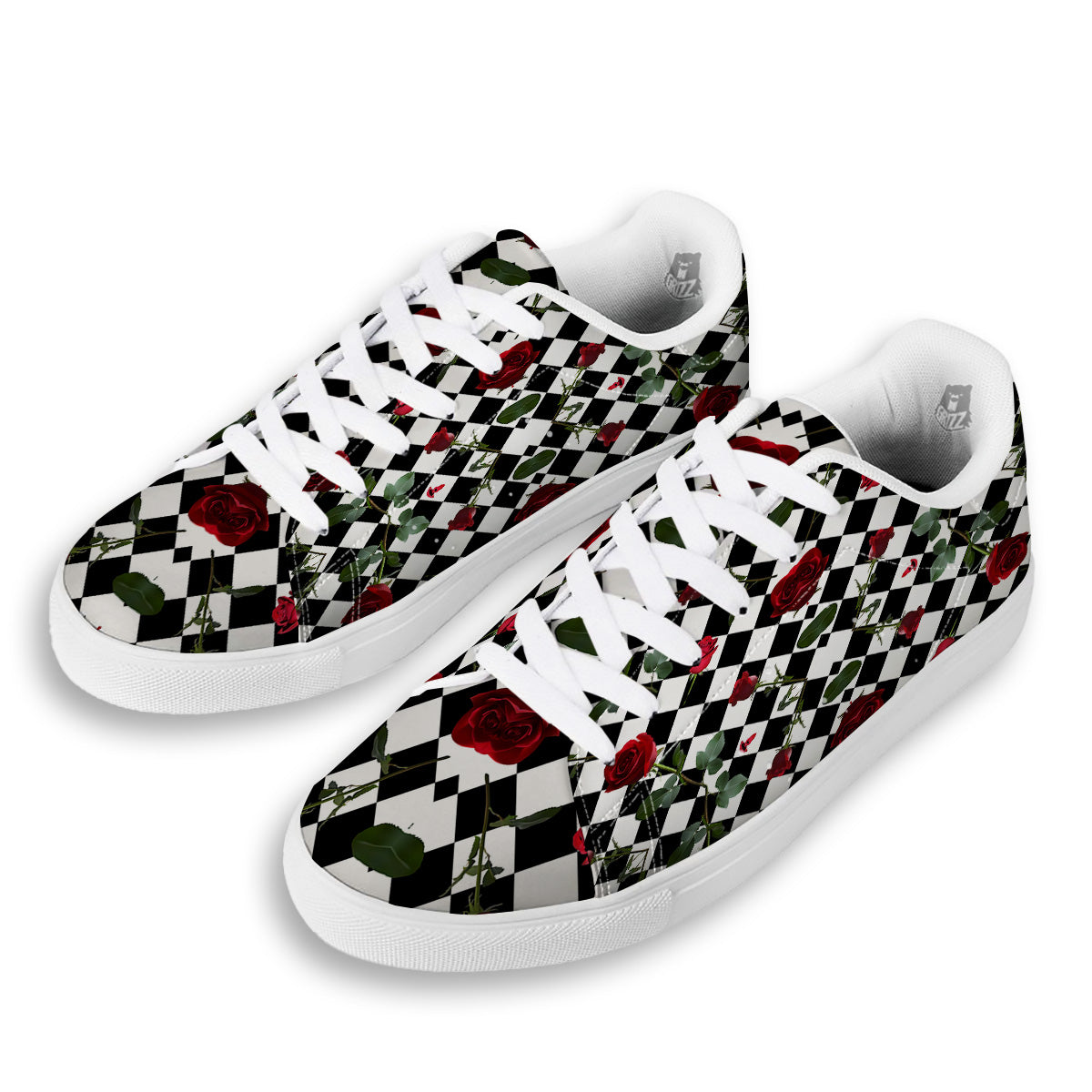 Red Roses And Argyle Print Pattern White Low Top Sneakers-grizzshop