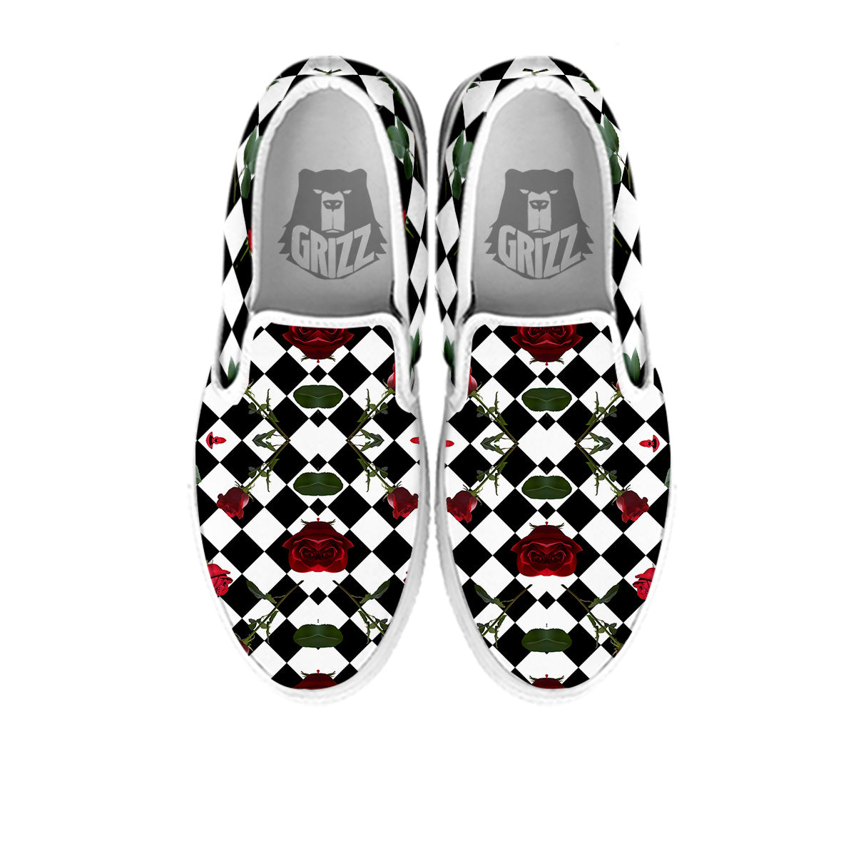 Red Roses And Argyle Print Pattern White Slip On Shoes-grizzshop