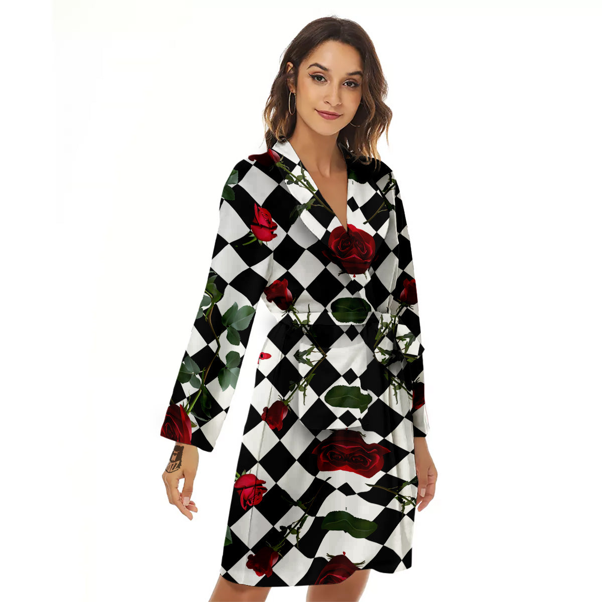 Red Roses And Argyle Print Pattern Women's Robe-grizzshop