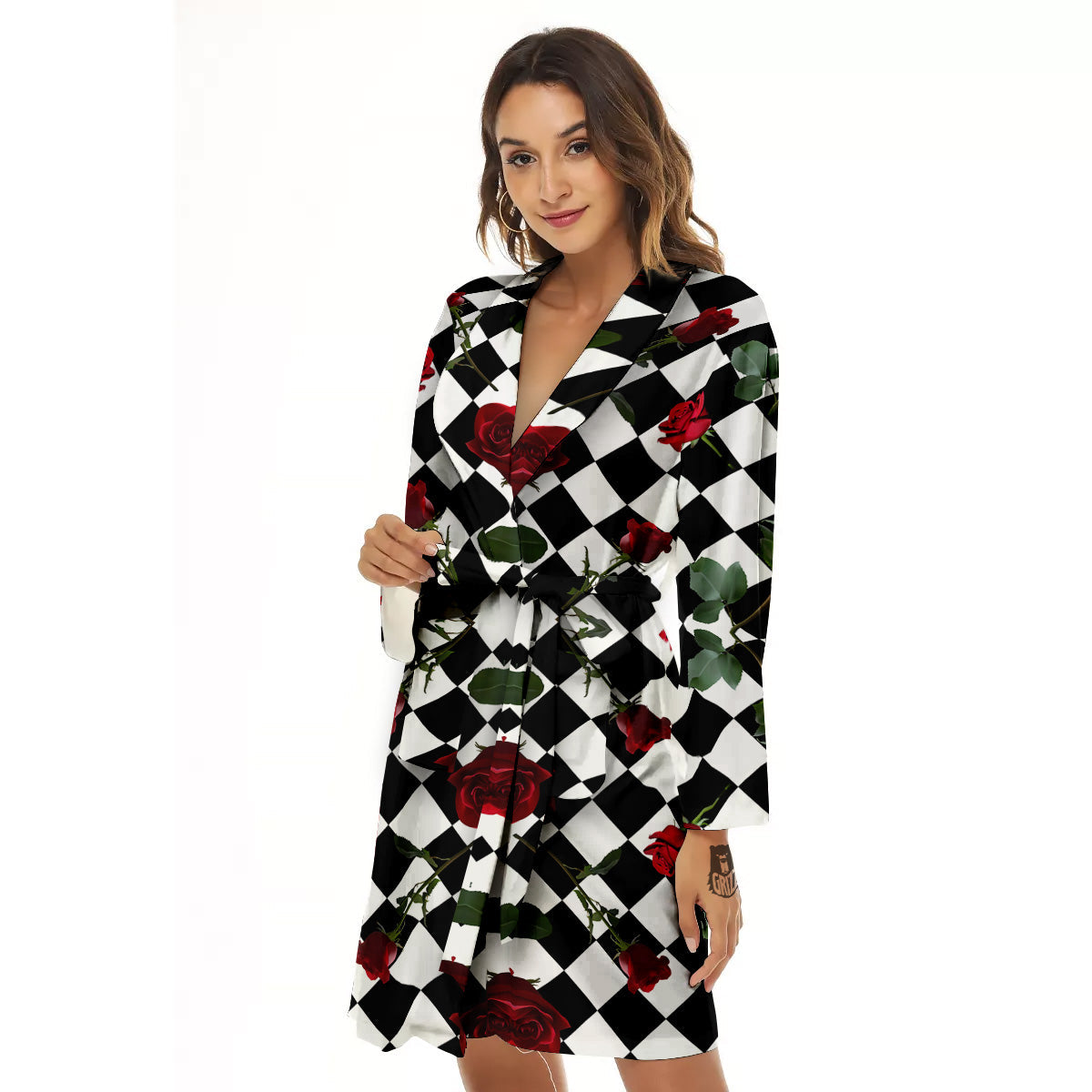 Red Roses And Argyle Print Pattern Women's Robe-grizzshop