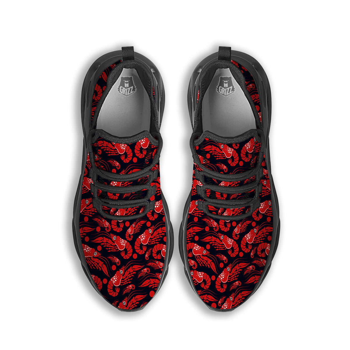 Red Shrimps Print Pattern Black Running Shoes-grizzshop