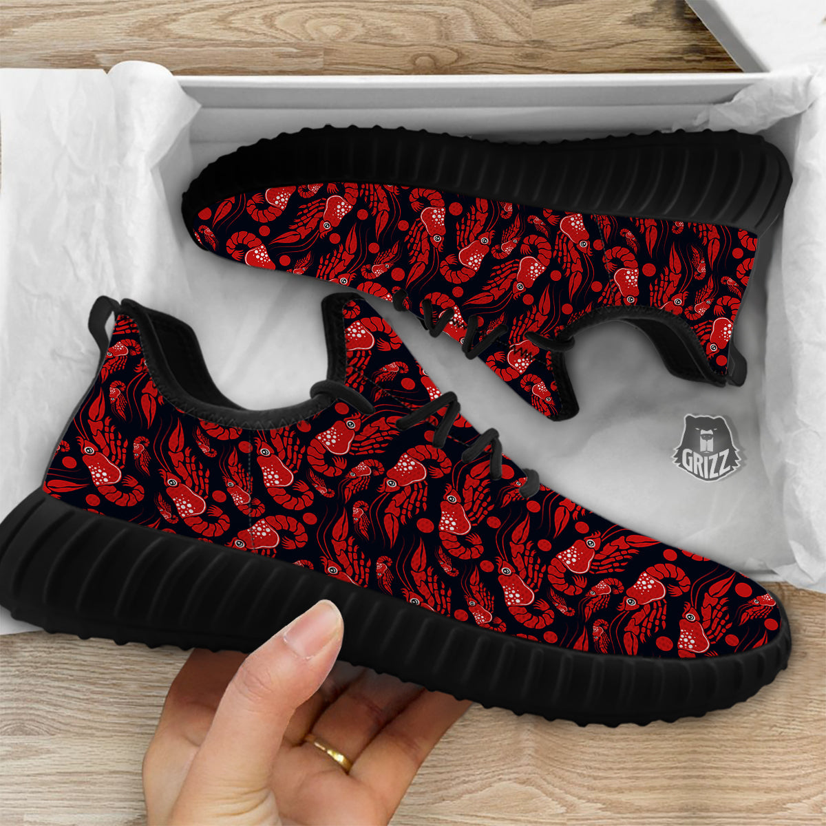 Red Shrimps Print Pattern Black Walking Shoes-grizzshop