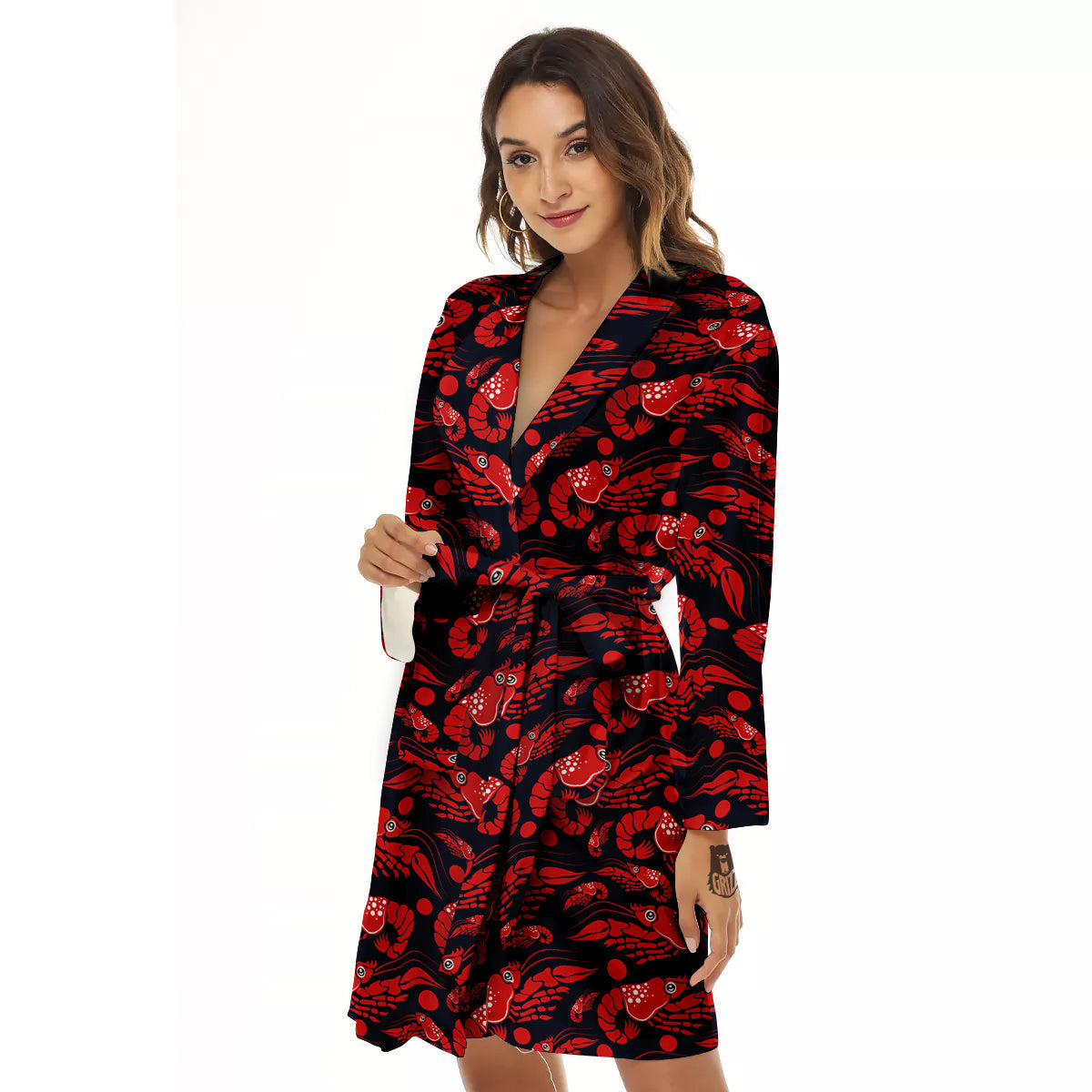Red Shrimps Print Pattern Women's Robe-grizzshop