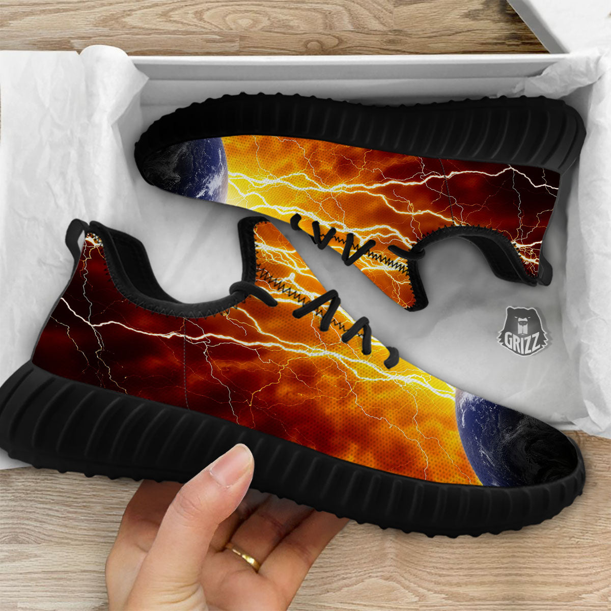 Red Sky With Lightnings Print Black Walking Shoes-grizzshop