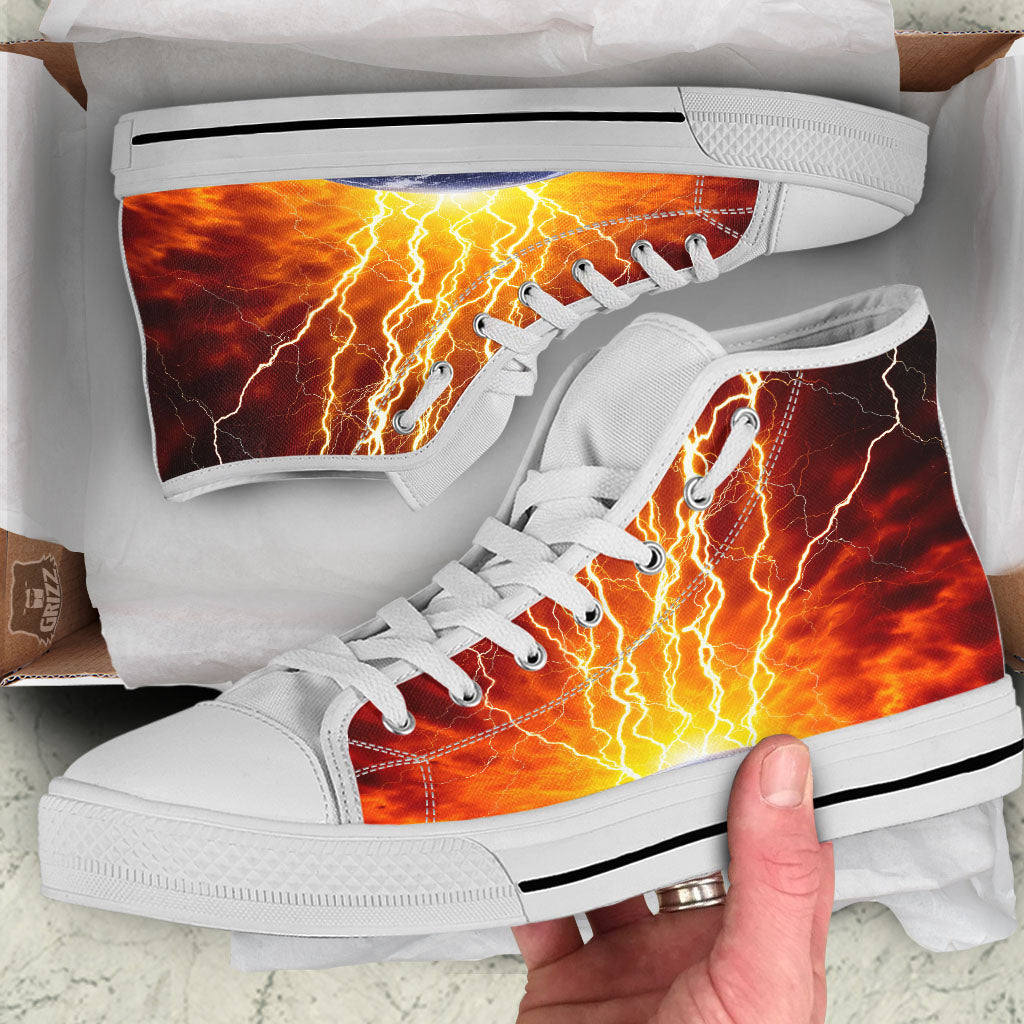 Red Sky With Lightnings Print White High Top Shoes-grizzshop