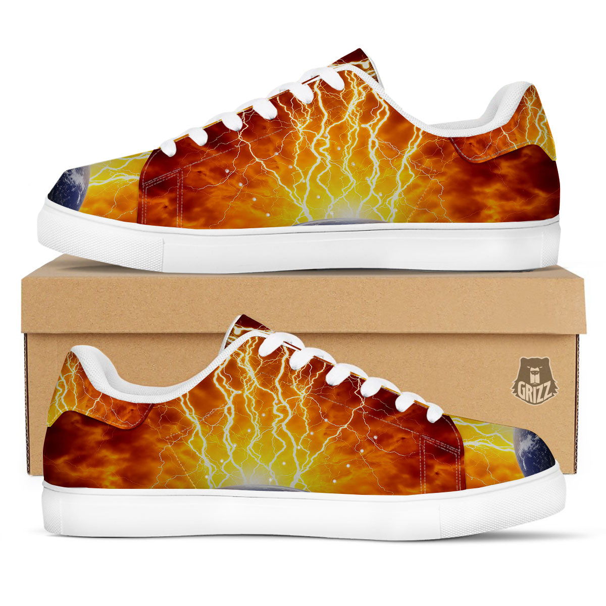Red Sky With Lightnings Print White Low Top Sneakers-grizzshop