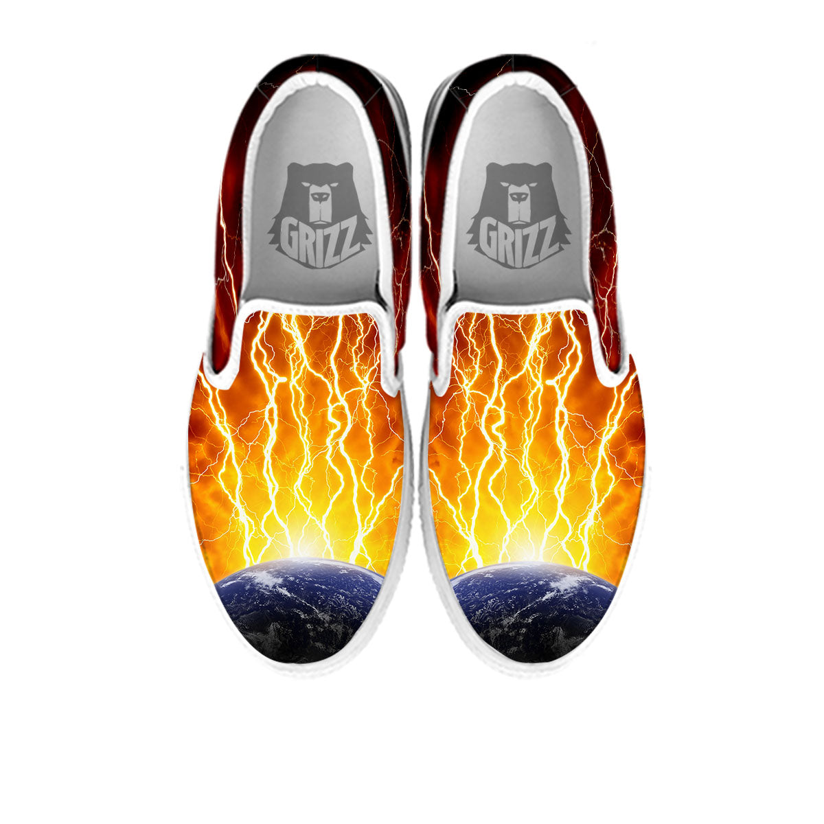 Red Sky With Lightnings Print White Slip On Shoes-grizzshop