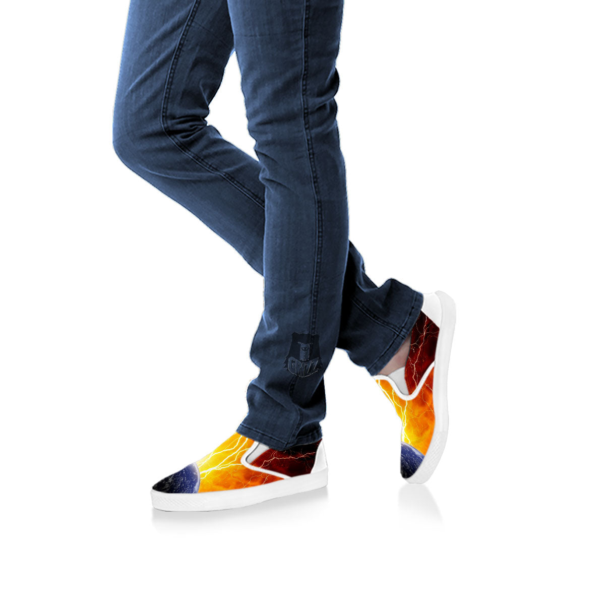 Red Sky With Lightnings Print White Slip On Shoes-grizzshop