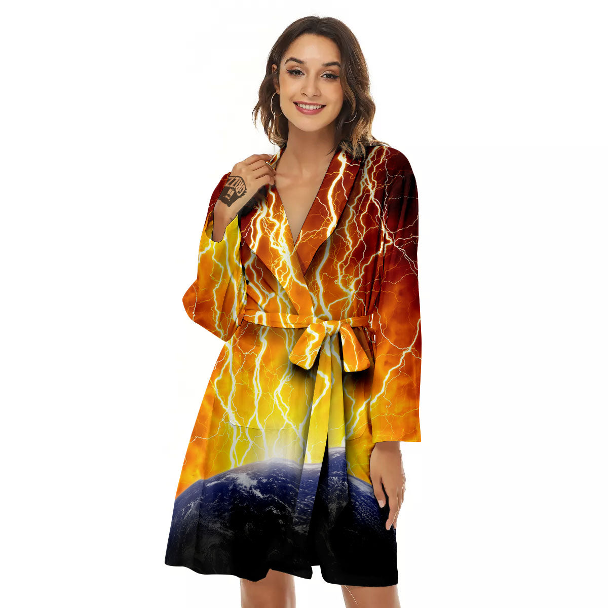 Red Sky With Lightnings Print Women's Robe-grizzshop