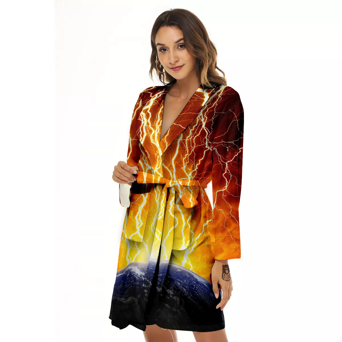 Red Sky With Lightnings Print Women's Robe-grizzshop
