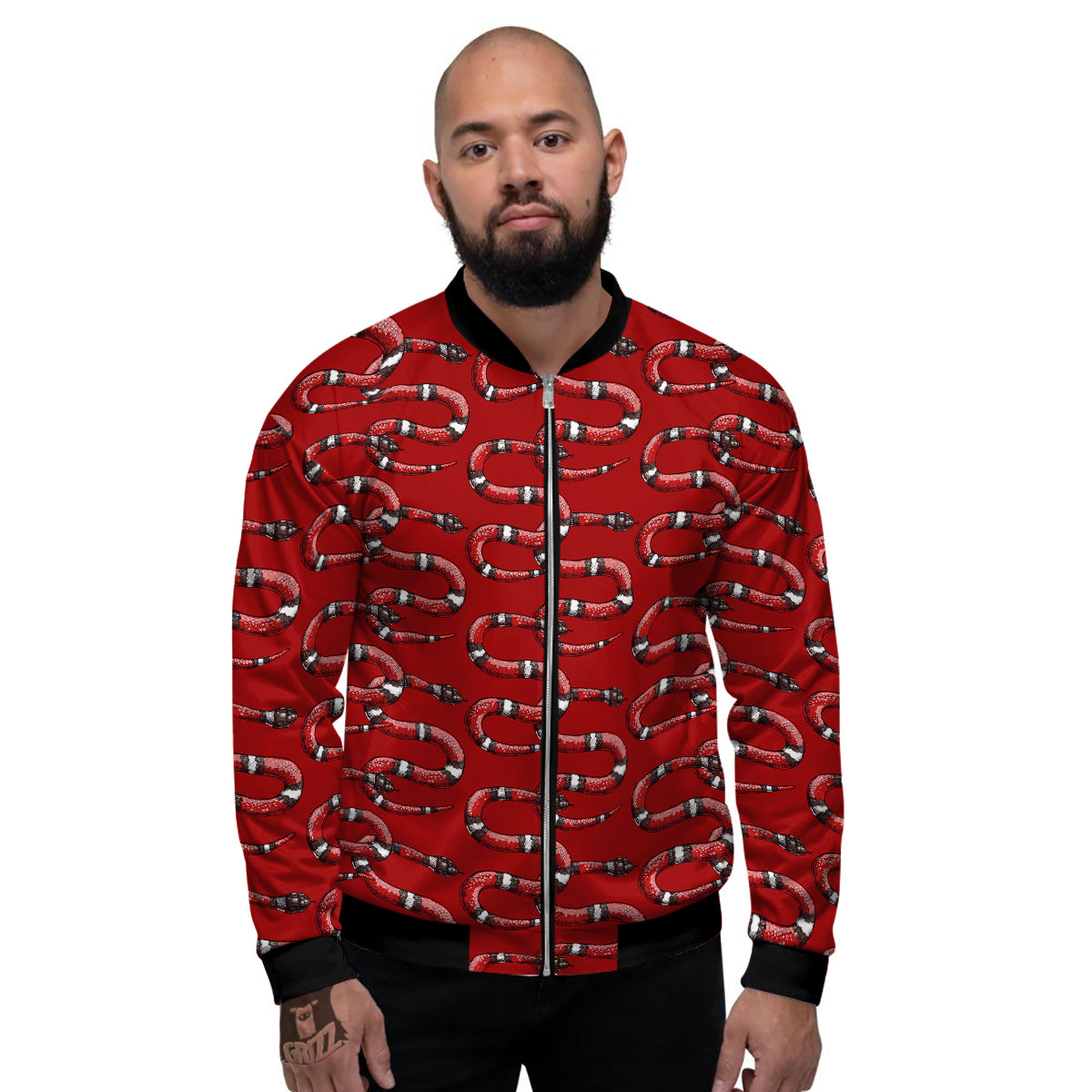 Red Snake Drawing Color Print Pattern Men's Bomber Jacket-grizzshop