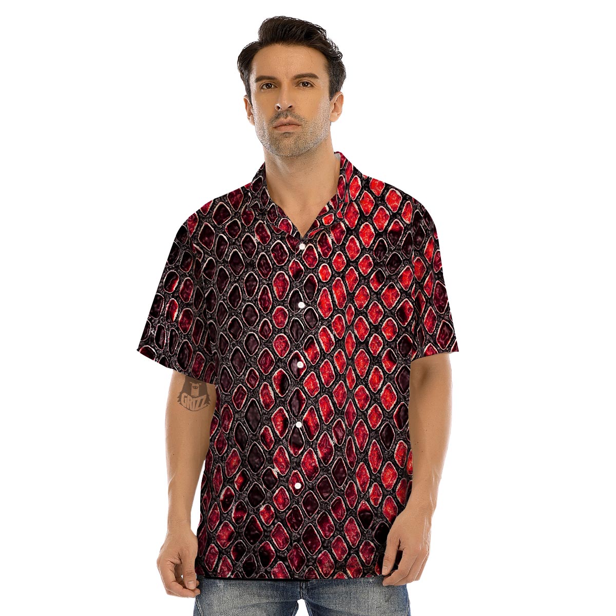 Red Snakeskin print Men’s Hawaiian Shirt-grizzshop