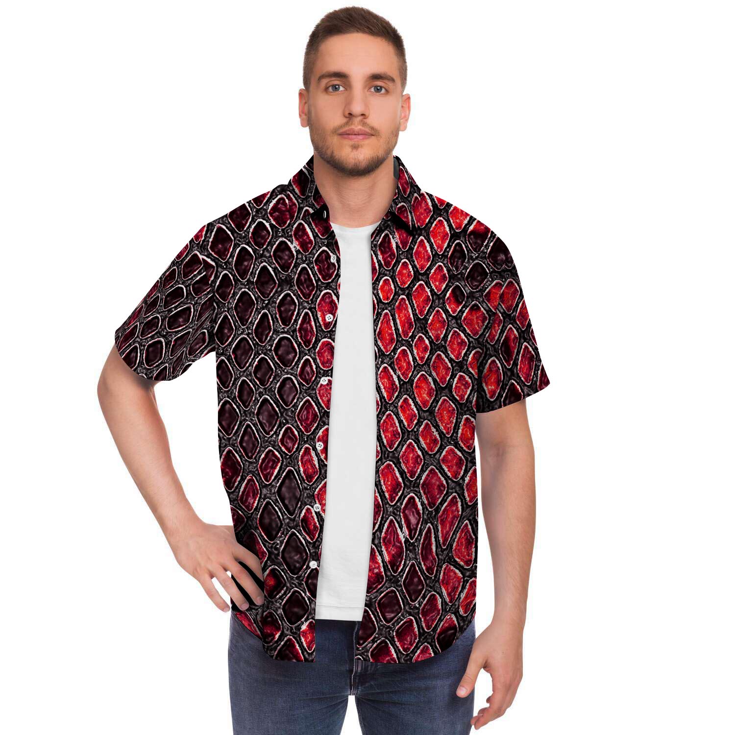 Red Snakeskin print Men's Short Sleeve Shirt-grizzshop