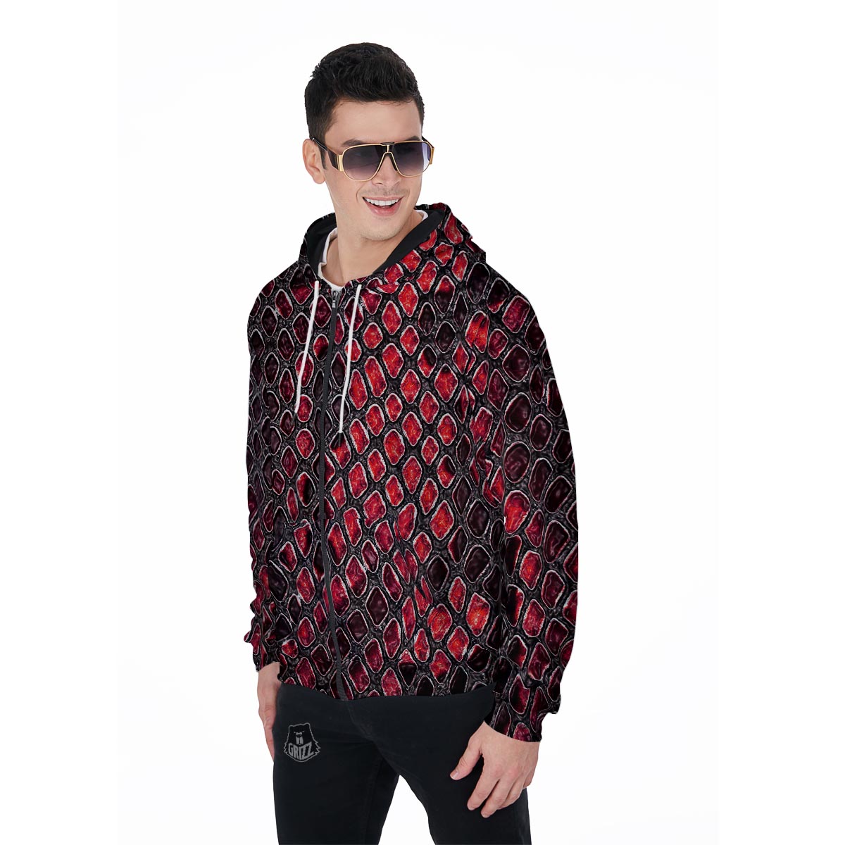Red Snakeskin print Men's Zip Up Hoodie-grizzshop