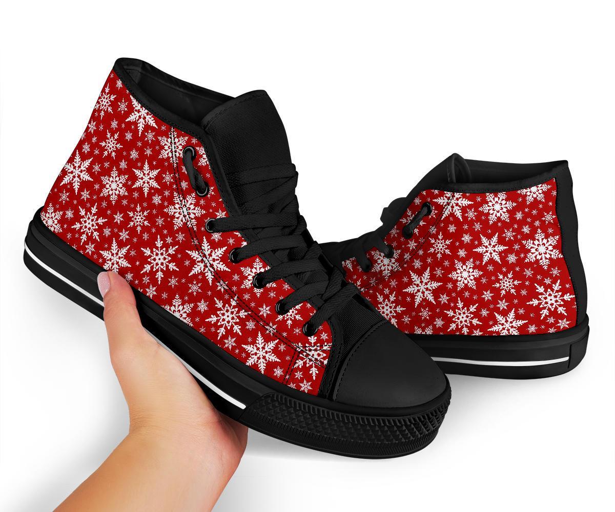 Red Snowflake Pattern Print Men Women's High Top Shoes-grizzshop