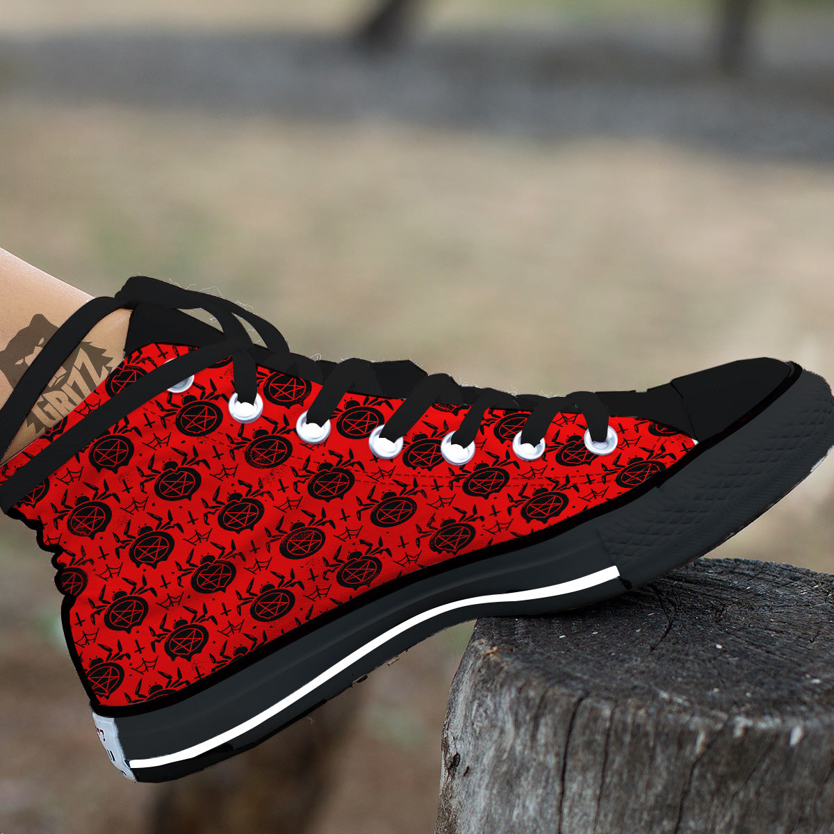 Red Spider Pentagram Print Pattern Black High Top Shoes-grizzshop