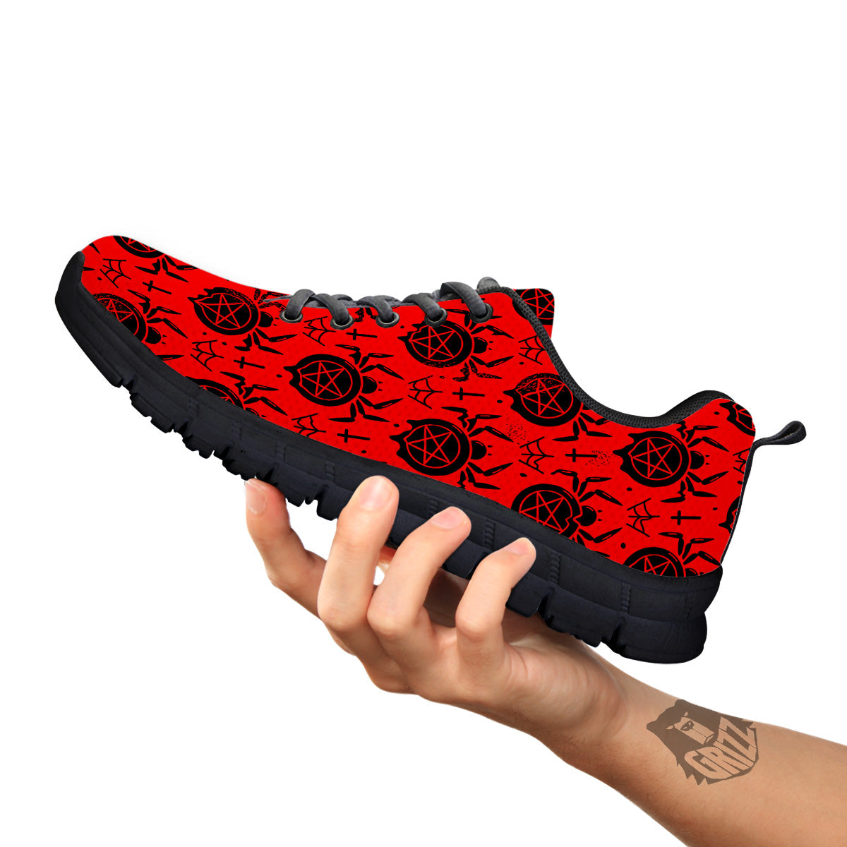 Red Spider Pentagram Print Pattern Black Sneaker-grizzshop