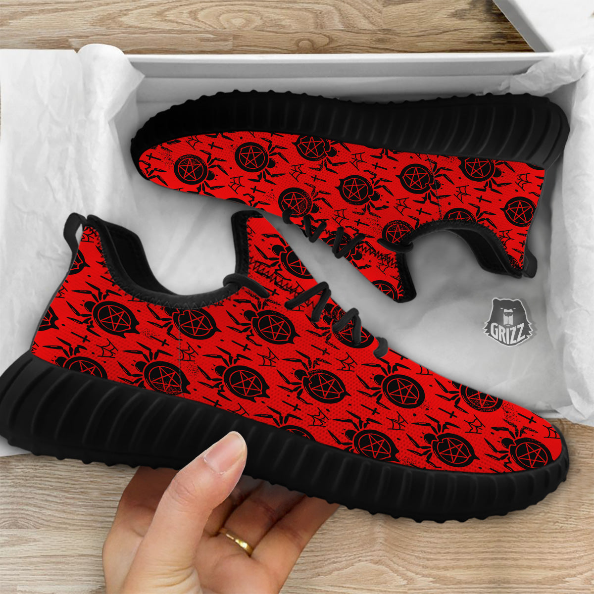Red Spider Pentagram Print Pattern Black Walking Shoes-grizzshop